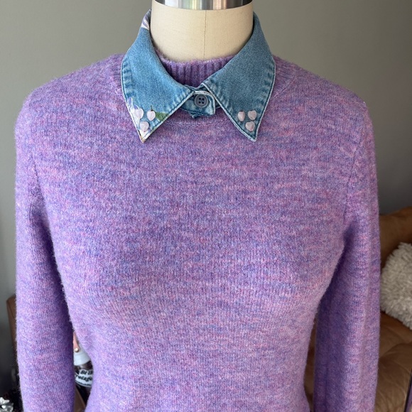 BCBG Paris lilac sweater with rose quartz studded chambray collar; size small - Picture 2 of 5